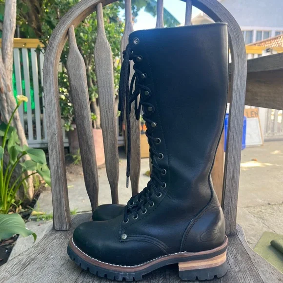 90s knee high lace up boots genuine leather logger black Skechers goodyear welt - Picture 5 of 16